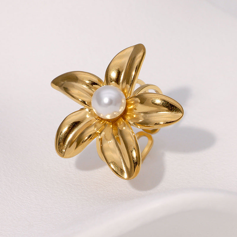 Wholesale all-match flower pearl stainless steel ring
