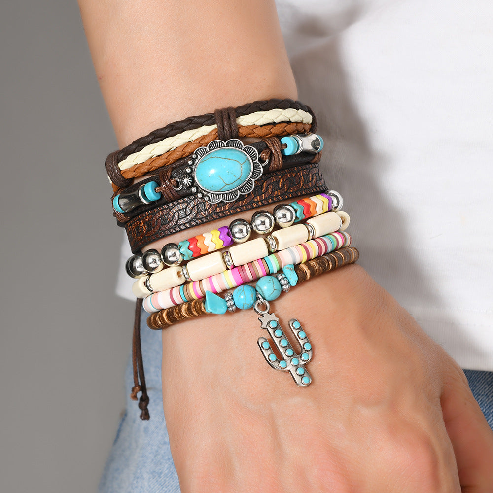 Wholesale Bohemian Style Women' s Cactus Leather Bracelet Cross-Border Jewelry New Mori Style Beaded Set Bracelet