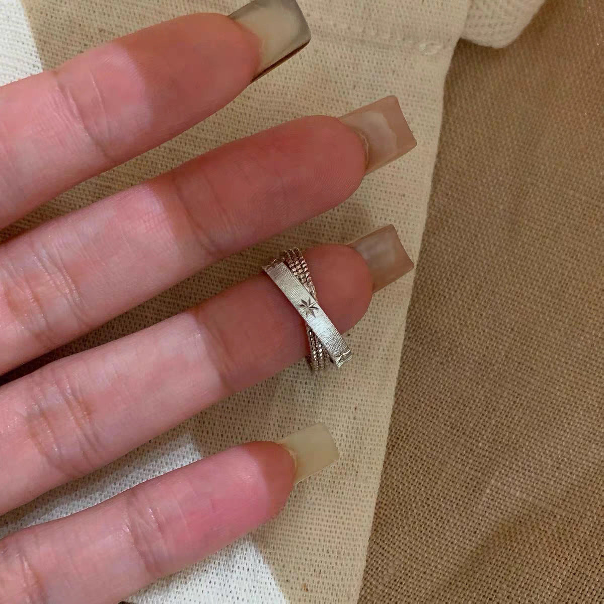 Wholesale Gold Brushed Double-Layered Cross Star Ring