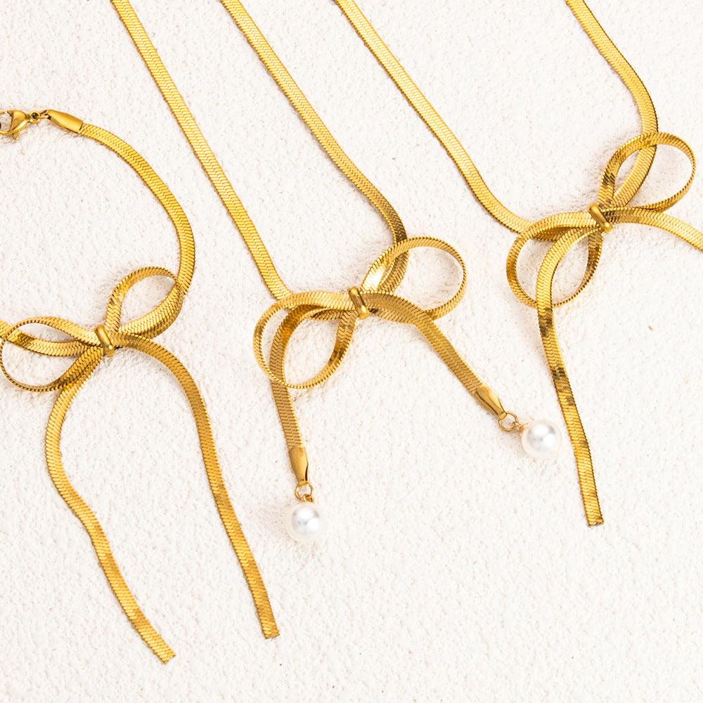 Wholesale 18K Gold Stainless Steel Bow Pearl Necklace Bracelet Set ACC-NE-YuHui009