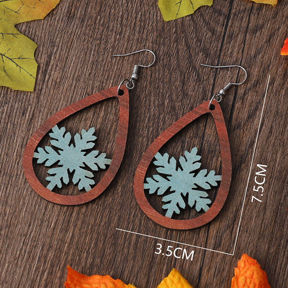 Wholesale winter snowflake water drop pendant earrings wooden hollow double-sided