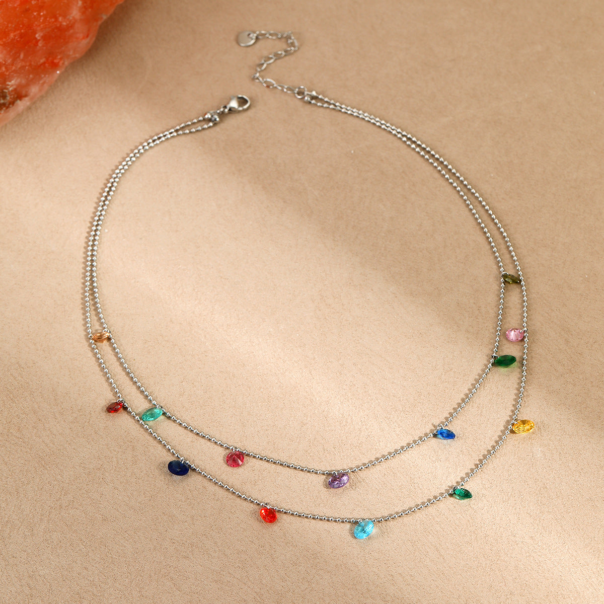 Wholesale Stainless steel Necklace Light Luxury Niche Inlaid with Colorful Zircon Multi-layer Stacked Necklace