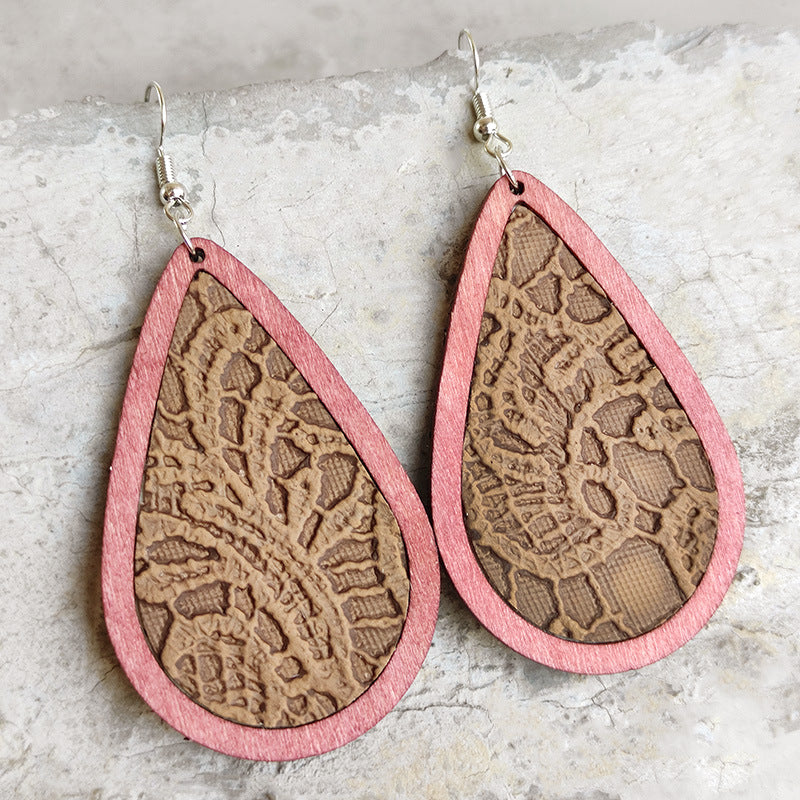 Wholesale 2 pairs/ pack Leather embossed teardrop wooden frame Bohemian earrings