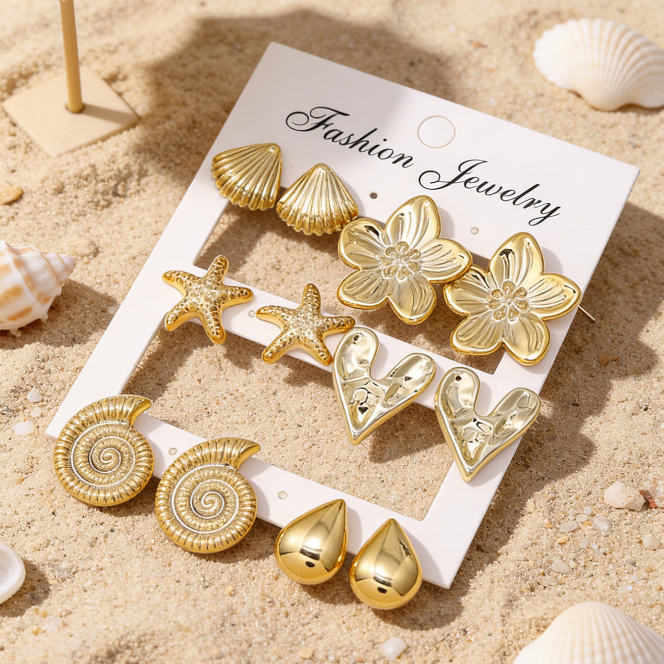 Wholesale 6 Pairs Gold Resin Stud Earrings Set For Women Flower Starfish Pattern Asymmetric European American Style Chic Fashion Accessory Gift