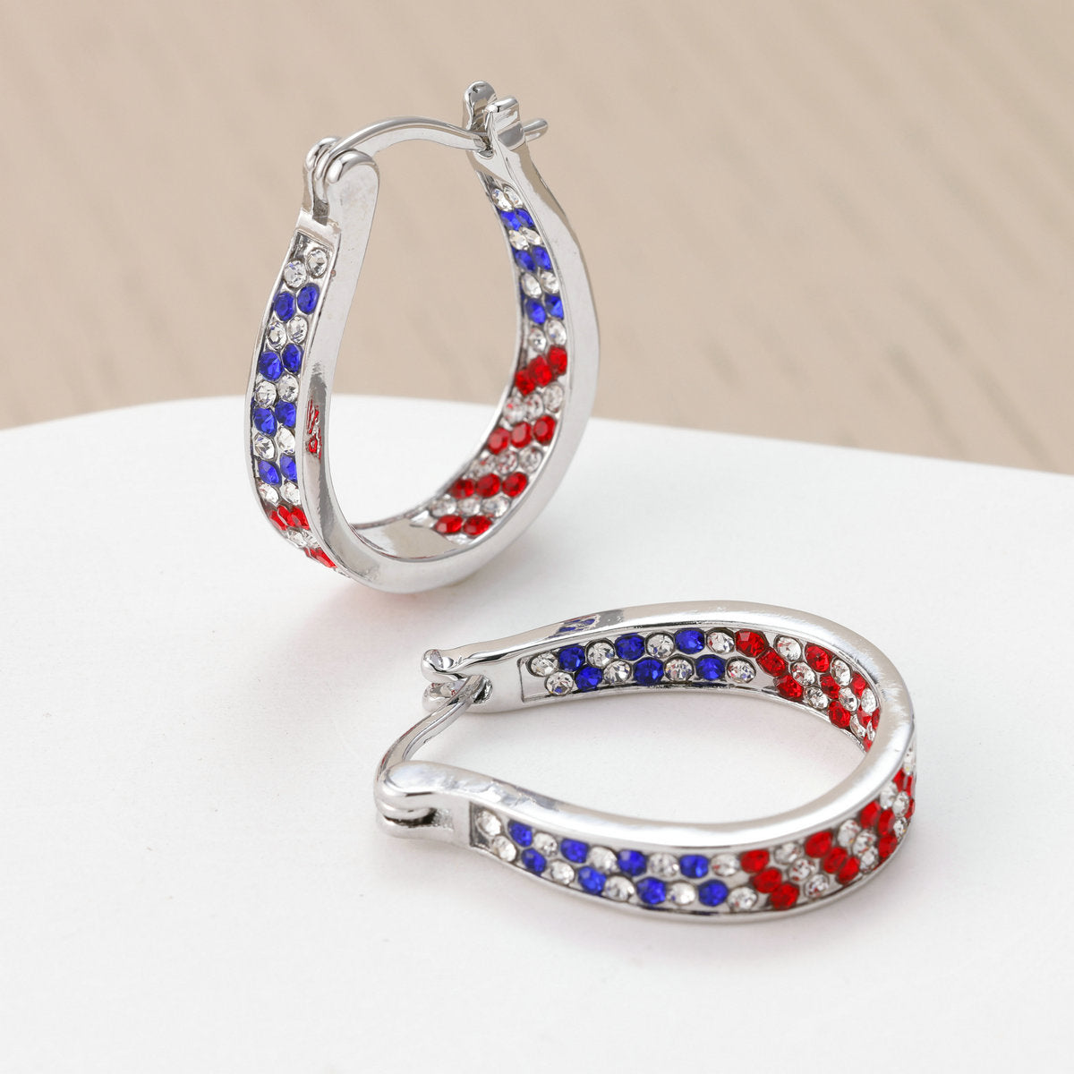 Wholesale Metal Electroplated Rhinestone Red and Blue Two-Color Earrings Fashion Jewelry Accessory for Independence Day