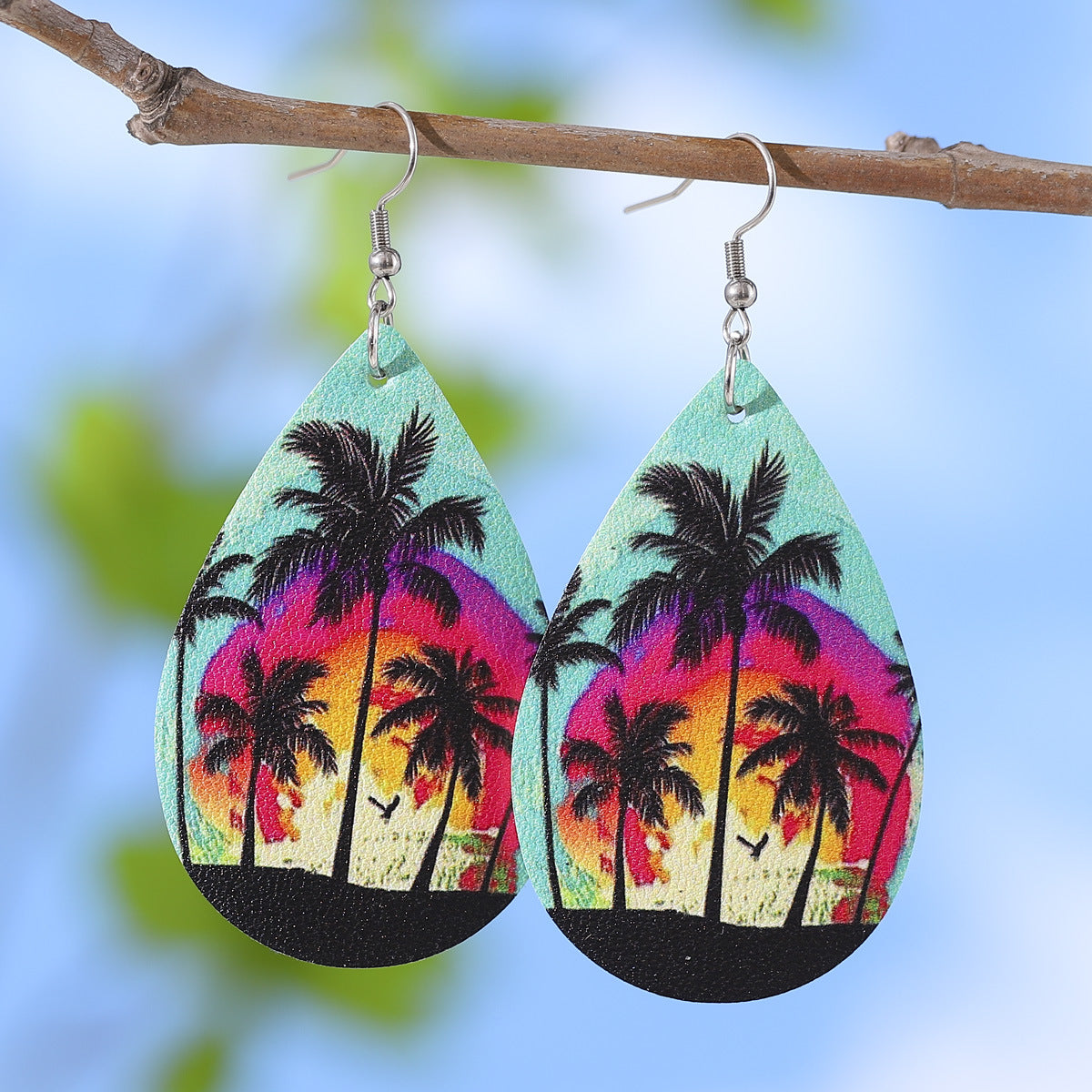 Wholesale  Ocean Wind Coconut Tree Beach Wave PU Double-sided Water Drop  Earrings