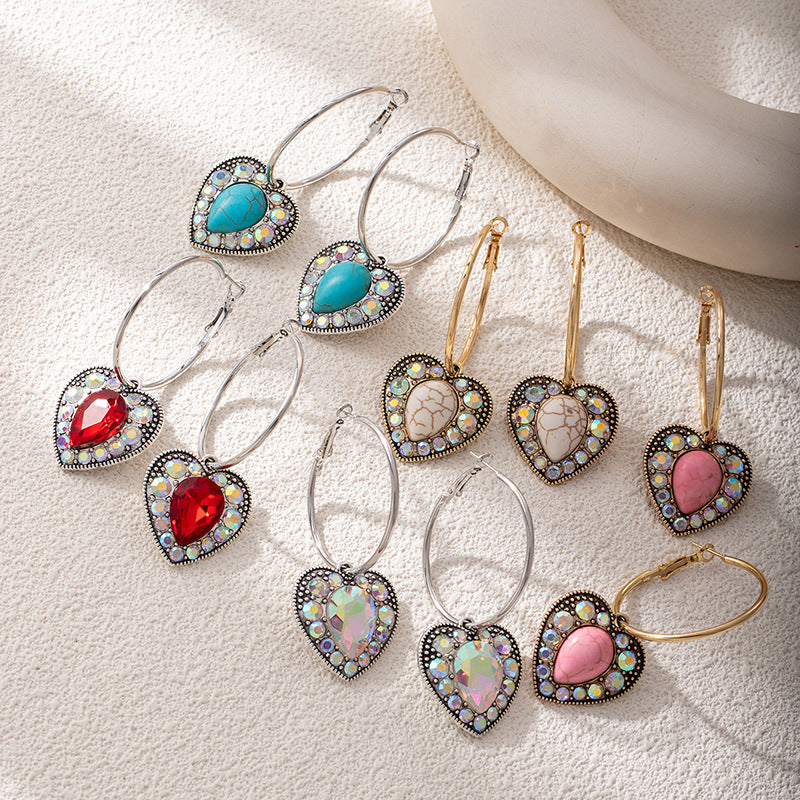 Wholesale Bohemian Heart-Shaped Turquoise Earrings with Diamond-Like Accents - Trendy Everyday Jewelry Accessory