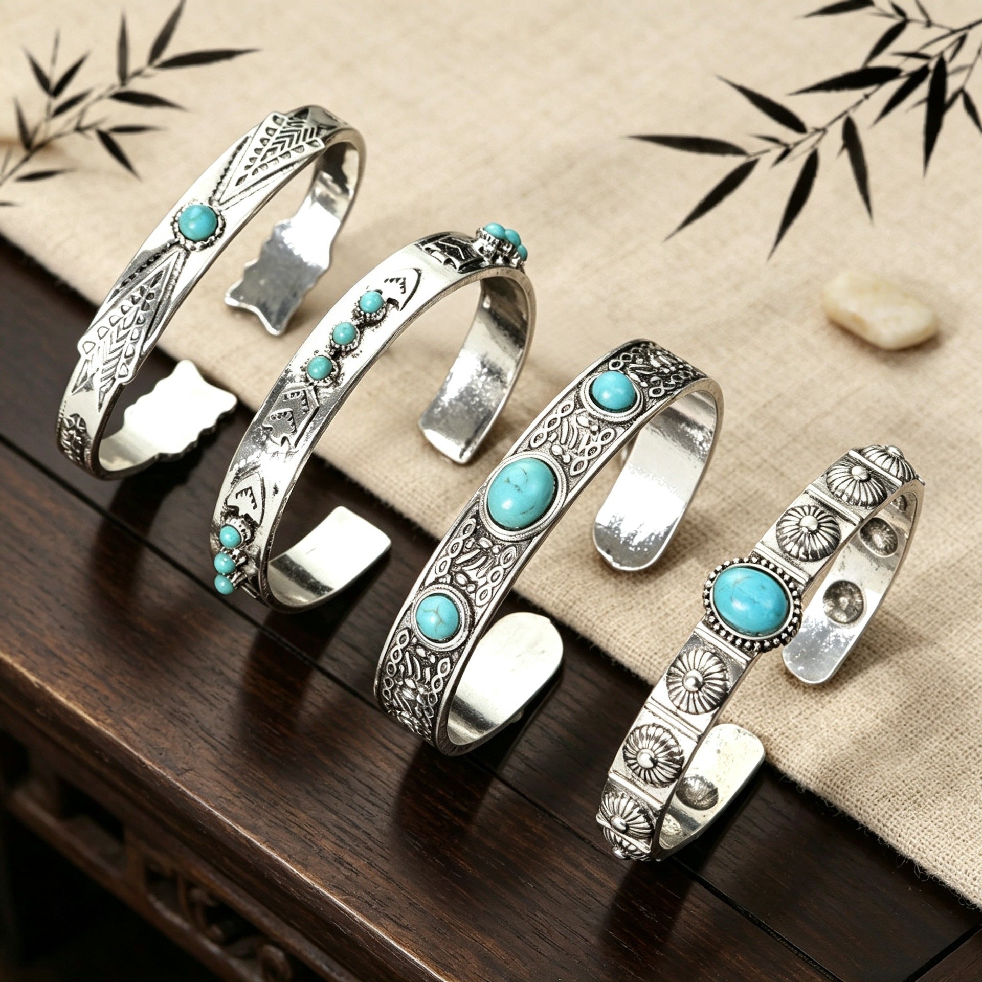Wholesale Bohemian Vintage Open Adjustable Bracelet Set 4Pcs Alloy Turquoise Jewelry Gift Fashion Accessory