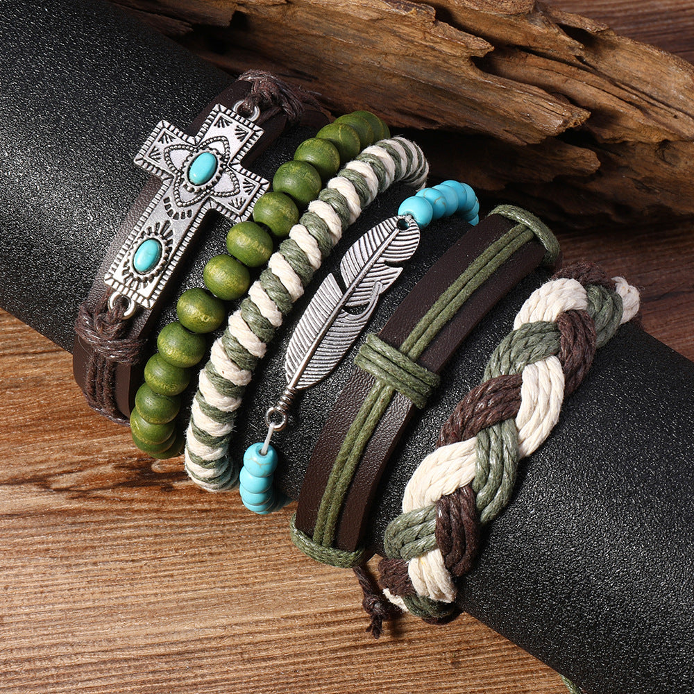 Wholesale Bohemian Turquoise Wood Bead Feather Cross Charms 6PCS DIY Jewelry Making Kit Leather Cord Boutique Craft Supply