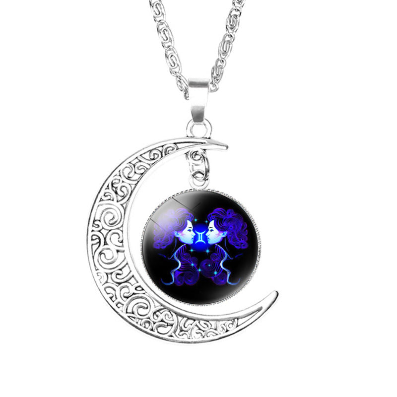 Wholesale Twelve Constellation moon necklace Time Gem crescent moon pendant with chain