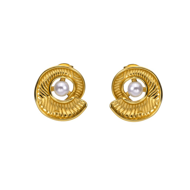 Wholesale Gold Cat' s Eye Stone Stainless Steel Earrings,  Vintage Exaggerated Ear Jewelry,  Light Luxury High-End Retro Floral Pearl Stud Earrings for Women