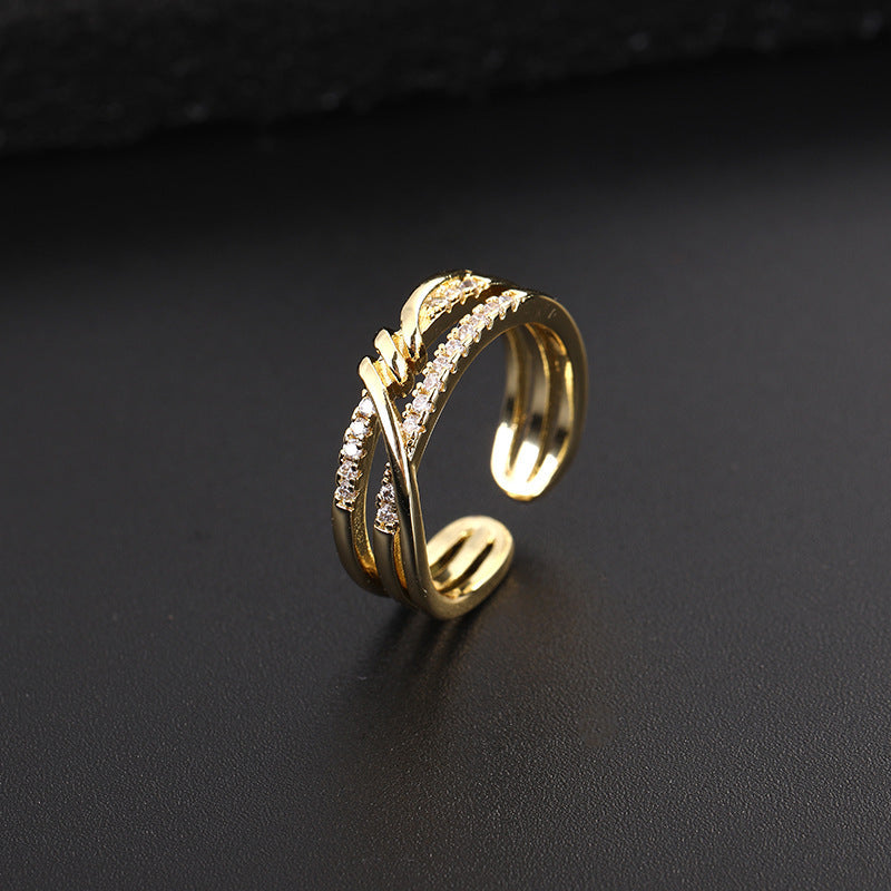 Wholesale European Fashion Sparkling Gold Plated Copper Zircon Open Ring Geometric Chic Jewelry Accessory Gift