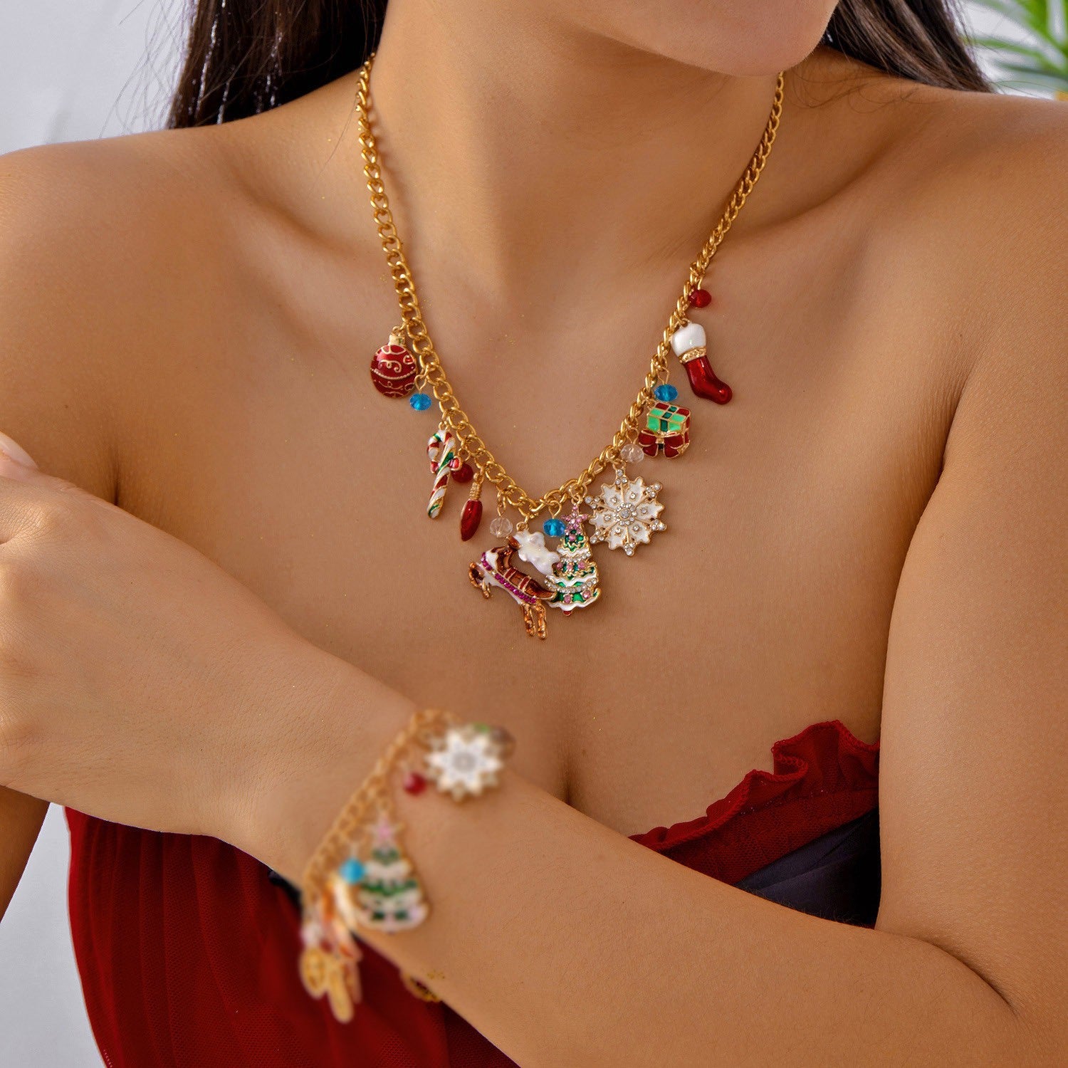 Wholesale Diamond Christmas Tree Snowflake Elk Bell Bracelet Necklace Set