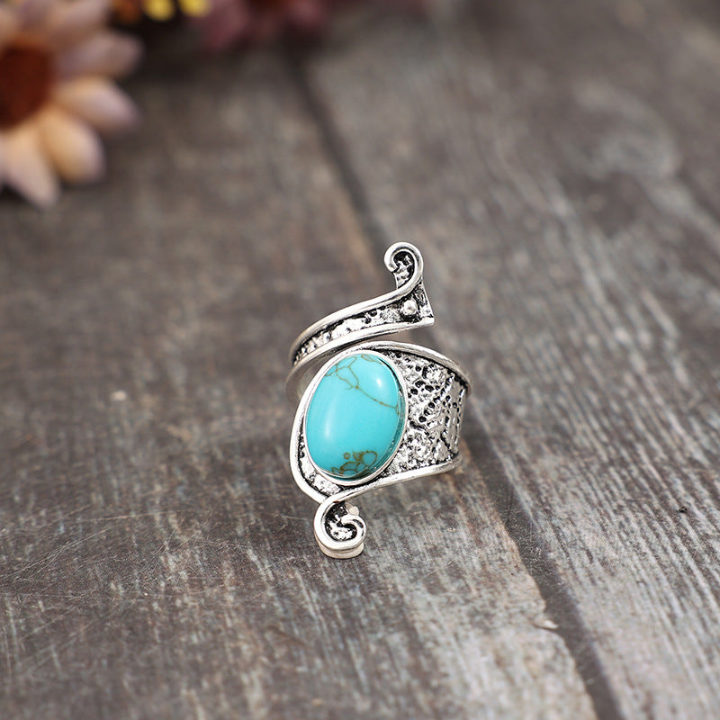 Wholesale Vintage style open inlaid synthetic turquoise alloy ring