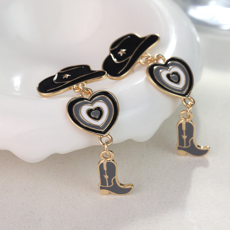 Wholesale western cowboy hat boots alloy drip oil love alloy earrings ACC-ES-RuLong010