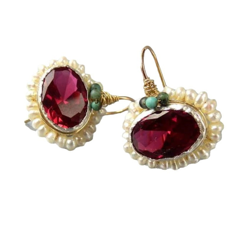 Wholesale  fashion retro new pearl flower inlaid ruby pendant earrings
