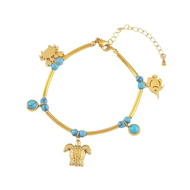 Wholesale Titanium Steel Vacation Ocean Style Bracelet Turquoise Shell Dolphin Bamboo Bracelet