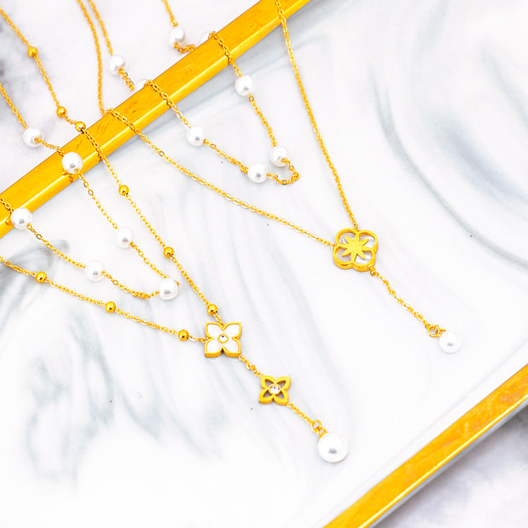 Wholesale Pearl Double Layer Tassel Necklace Titanium Steel Electroplated 18k Gold Pearl Necklace ACC-NE-JinLang001