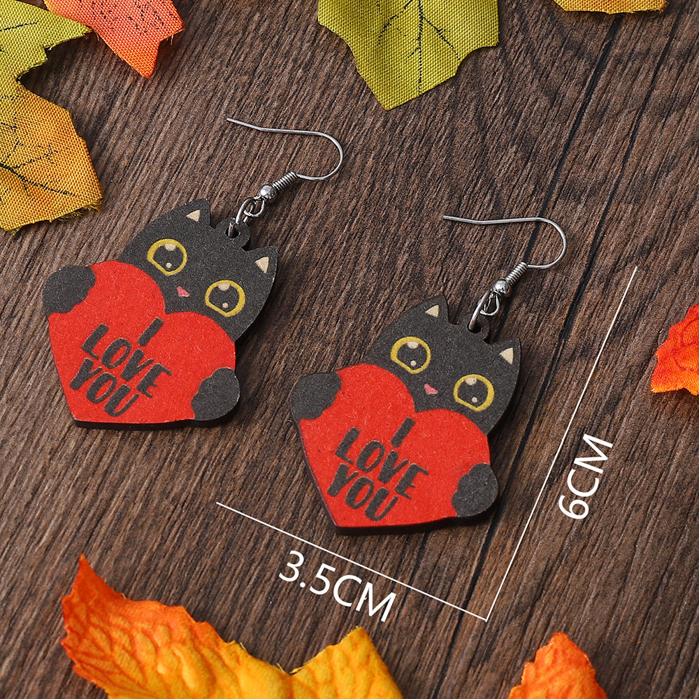 Wholesale cat red love letter  double-sided wooden Valentine's Day  earrings
