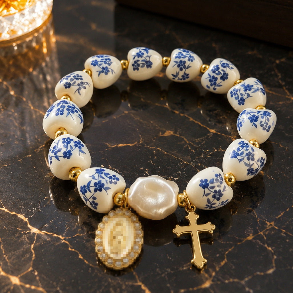 Wholesale Vintage Blue and White Porcelain Ceramic Bracelet Cross Pendant Bow Fashion Jewelry Gift