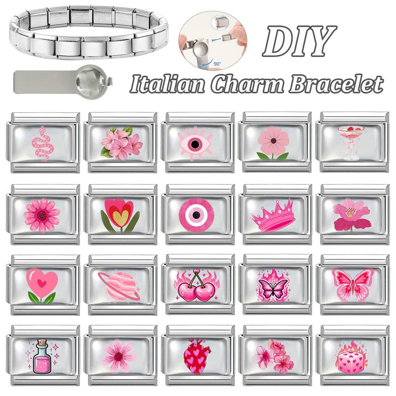 Wholesale Italian Charm Bracelet 9mm DIY Colorful Element Pink Pattern  Creative Stainless Steel Composable Bracelet