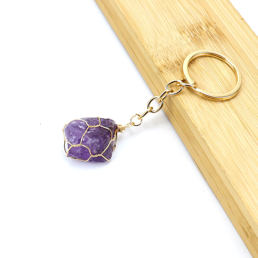 Wholesale Gold Wire Wound Natural Crystal Rough Stone Keychain ACC-KC-HanX006