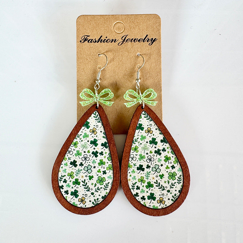 Wholesale Wooden St.  Patrick' s Day Bow Clover Earrings