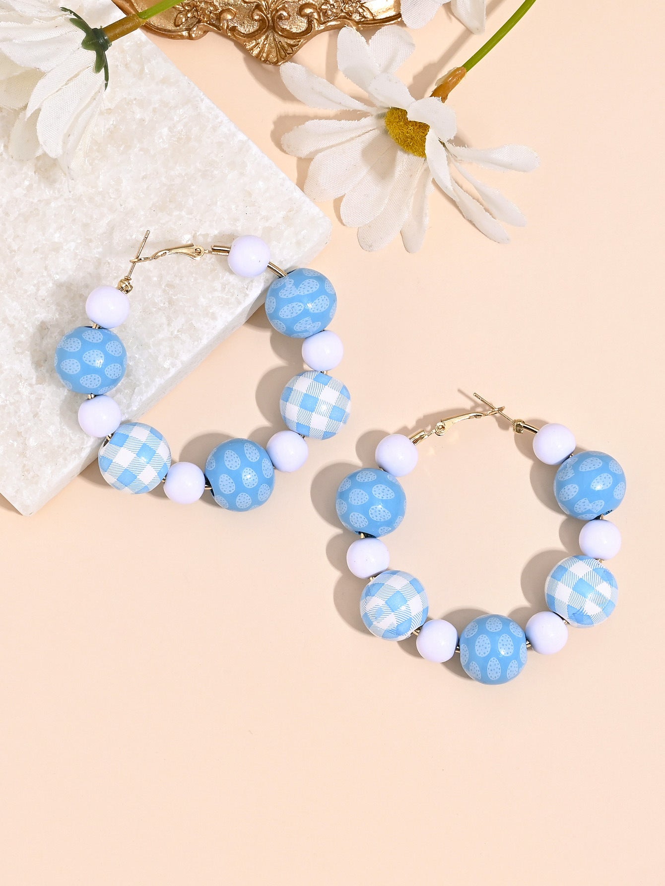 Wholesale Easter Cute Bunny Egg Lattice Wooden Bead Earrings