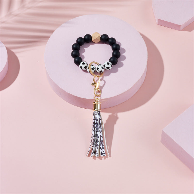 Wholesale Football Basketball Baseball Silicone Beaded Leather Tassel Wrist Keychain