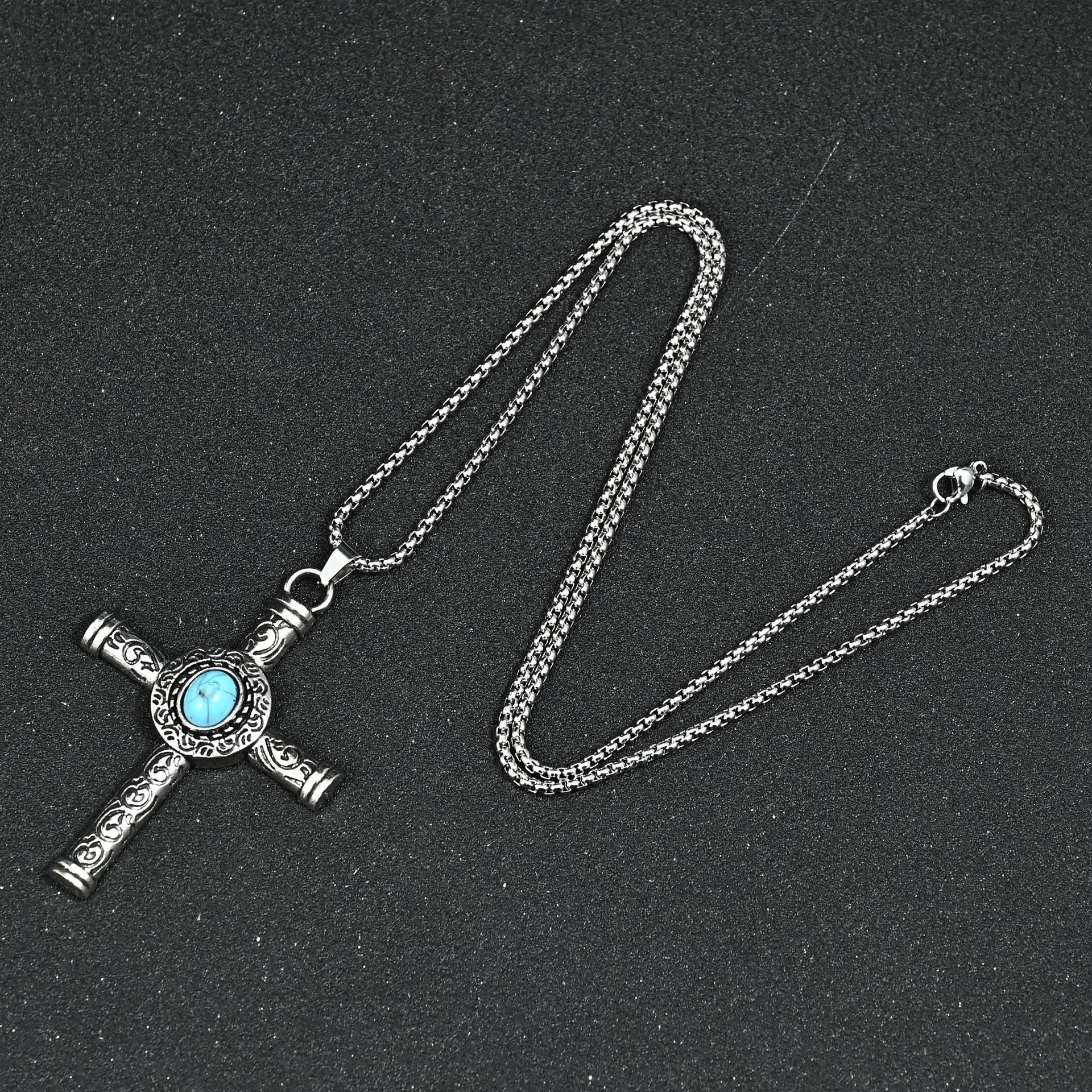 Wholesale Gothic Style Turquoise Cross Pendant Necklace Men S Long Chain Zinc Alloy Fashion Jewelry Accessory