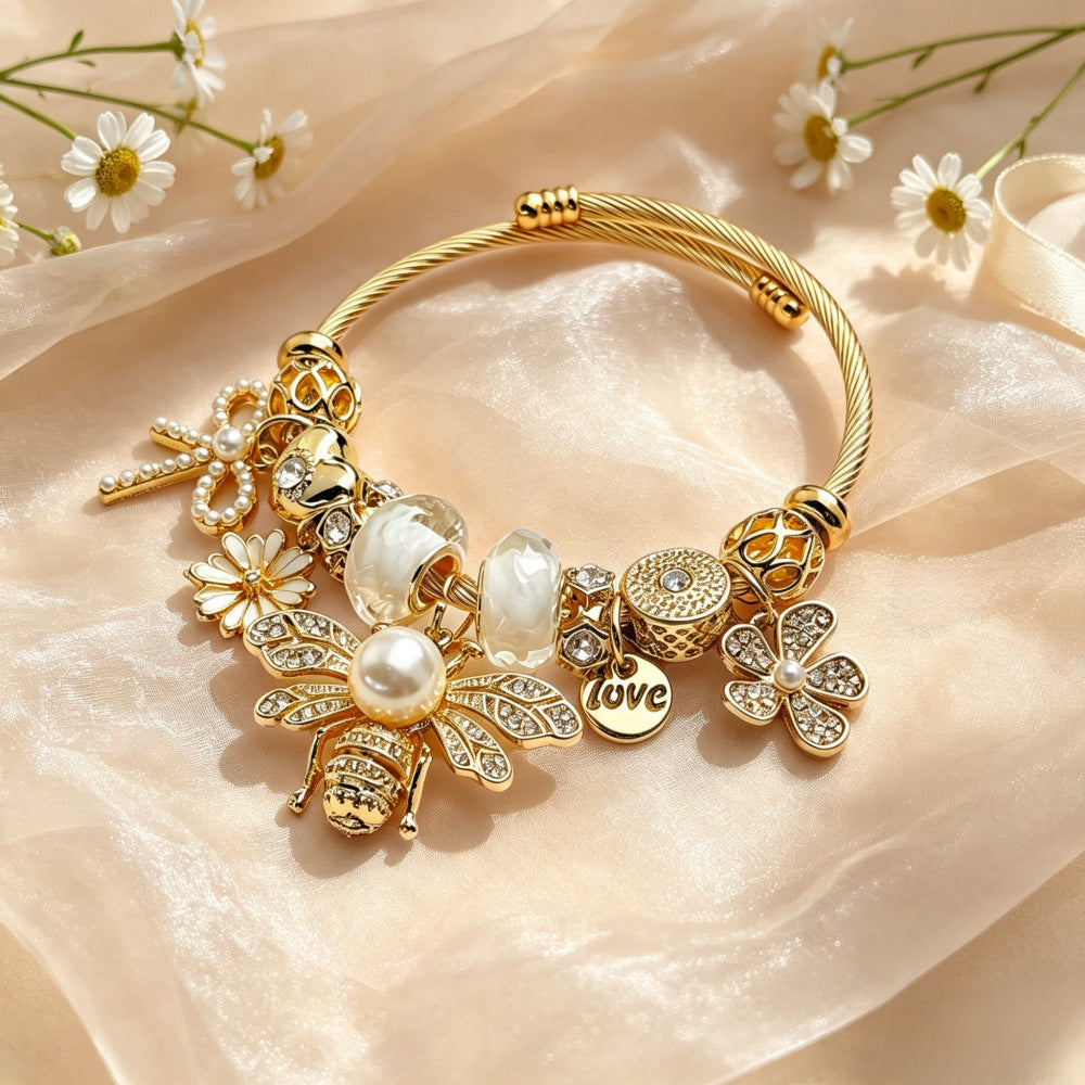 Wholesale Pastoral Gold Open Cuff Bangle With Dragonfly Bee Bow Pearl Charm Stainless Steel Women S Fashion Jewelry Accessory Boutique Resale Gift