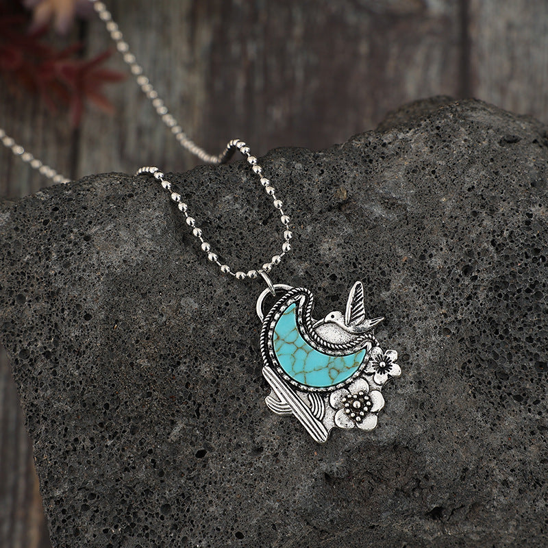 Wholesale Vintage Alloy Necklace with Turquoise Inlay Cactus Flower Bird Pendant Jewelry Accessory