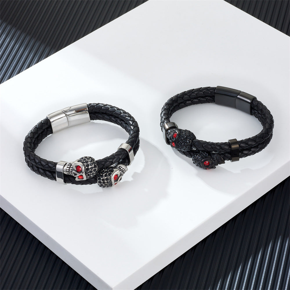 Wholesale First Layer Cowhide Woven Genuine Leather Bracelet Men's Leather Stainless Steel Bracelet ACC-BT-Qiaoa004