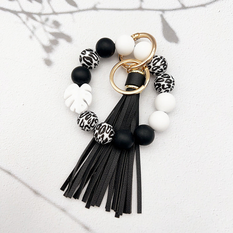 Wholesale Leaf Silicone Printed Silicone Beaded Tassel Keychain ACC-KC-JiuYa019