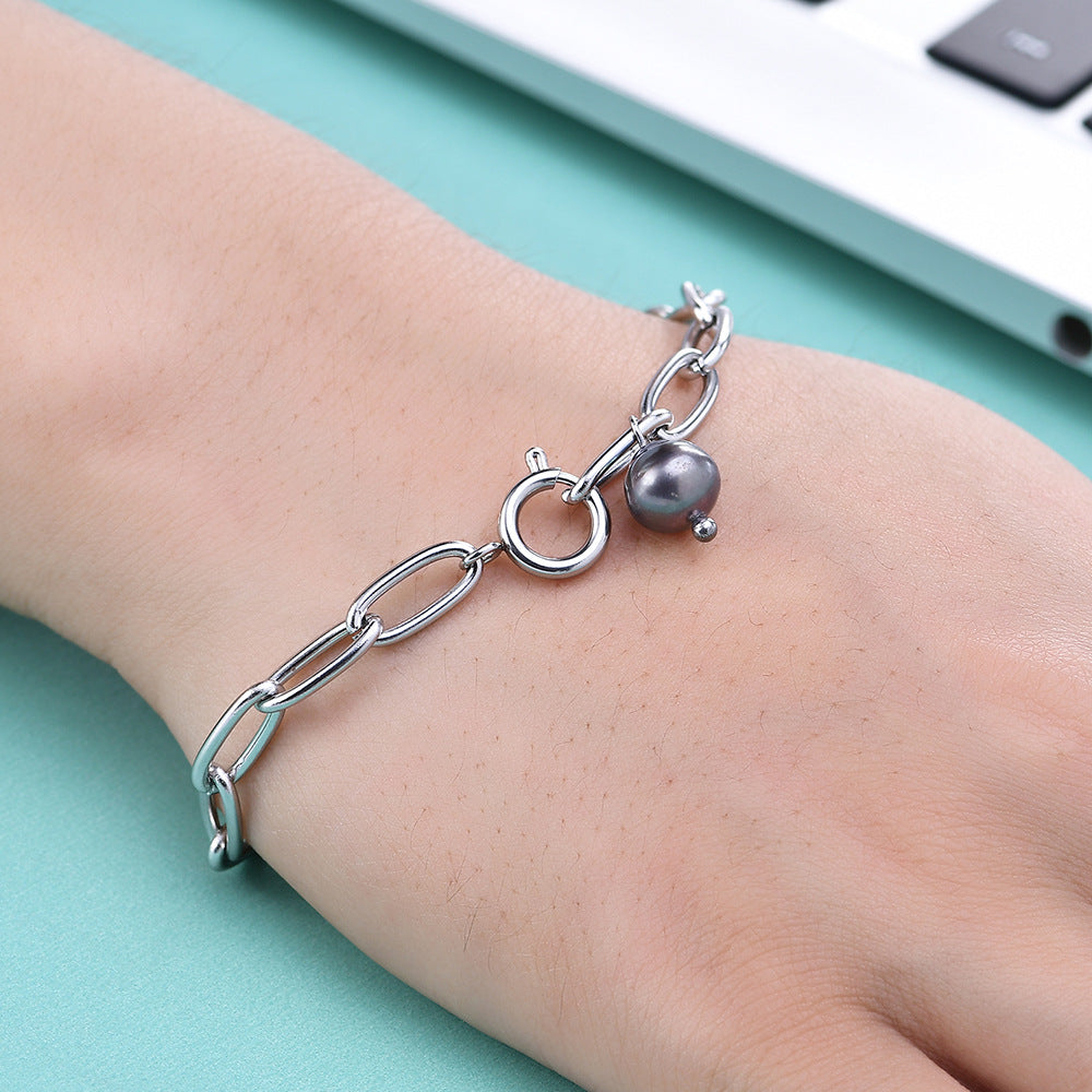 Wholesale titanium steel retro punk simple black pearl cross bracelet