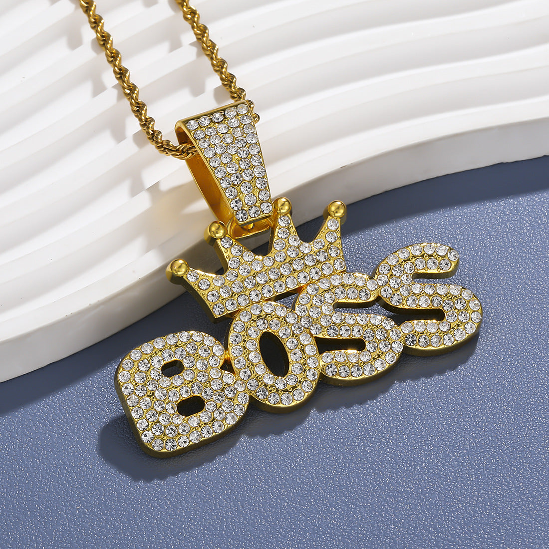 Wholesale Hip-hop Style Full Diamond Crown Letter Pendant Necklace Men's Cuban Chain ACC-NE-MeiWeite008