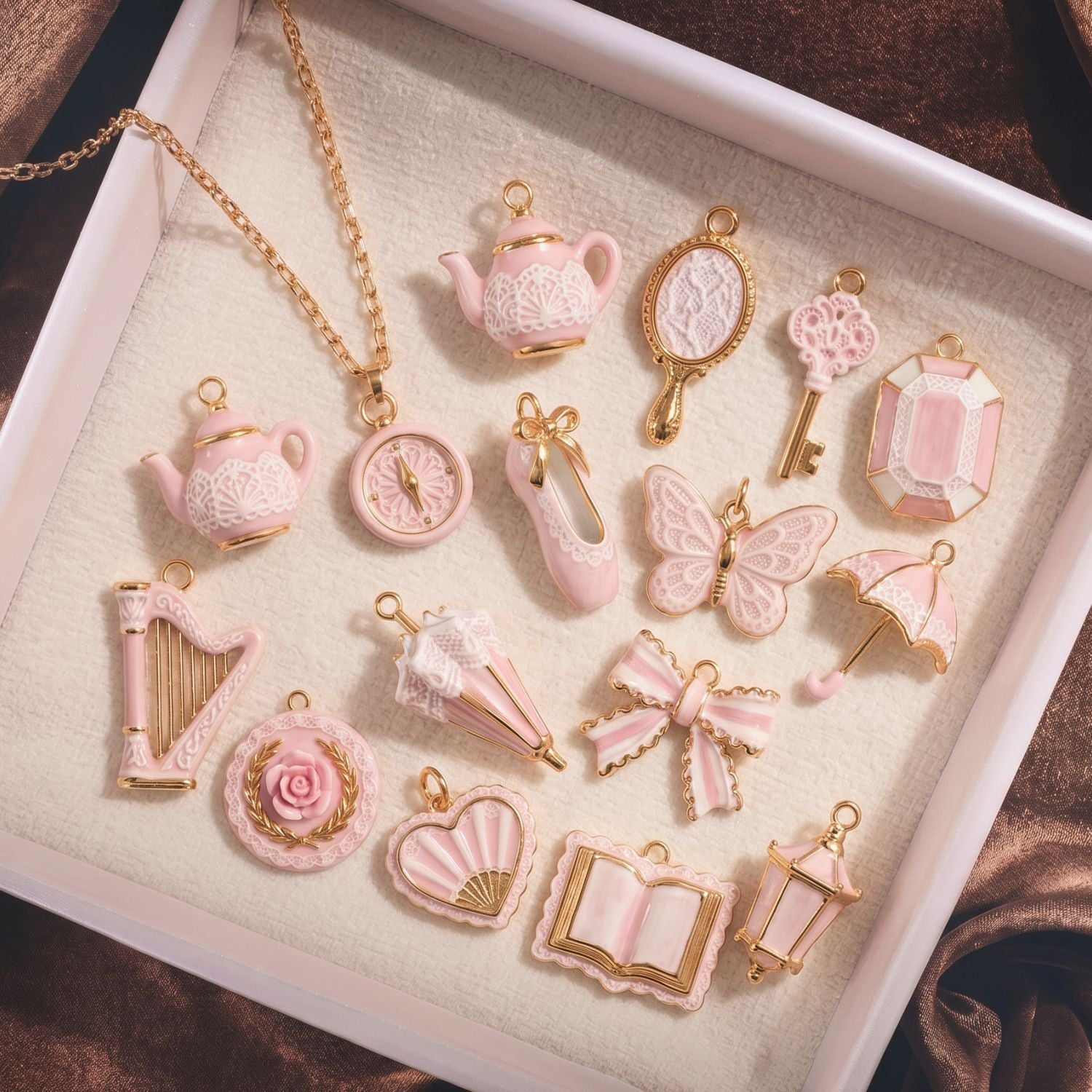Wholesale French Vintage Pink Umbrella Pendant Cute Girly Copper Charm With Gold Edge Jewelry Accessory Gift Boutique Resale