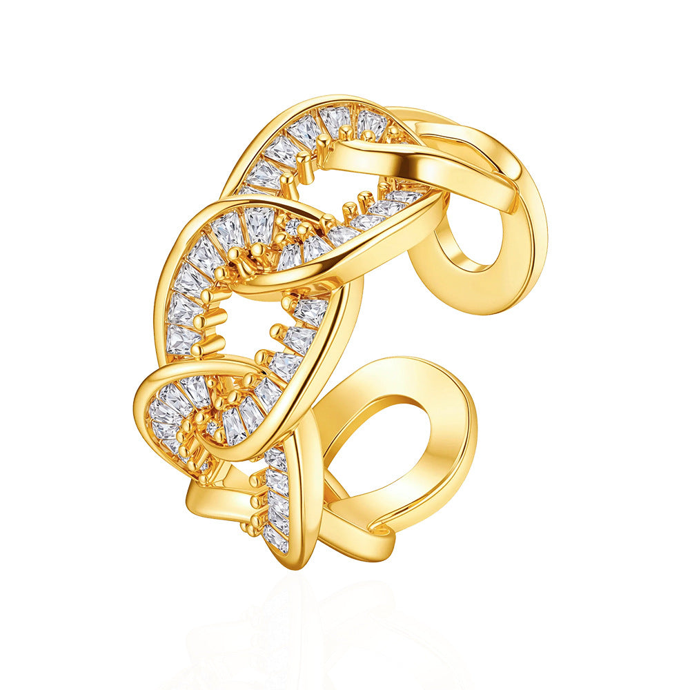 Wholesale Bow Design Hollow Zircon Open Ring Gold Plated Copper Jewelry Stylish Everyday Accessory