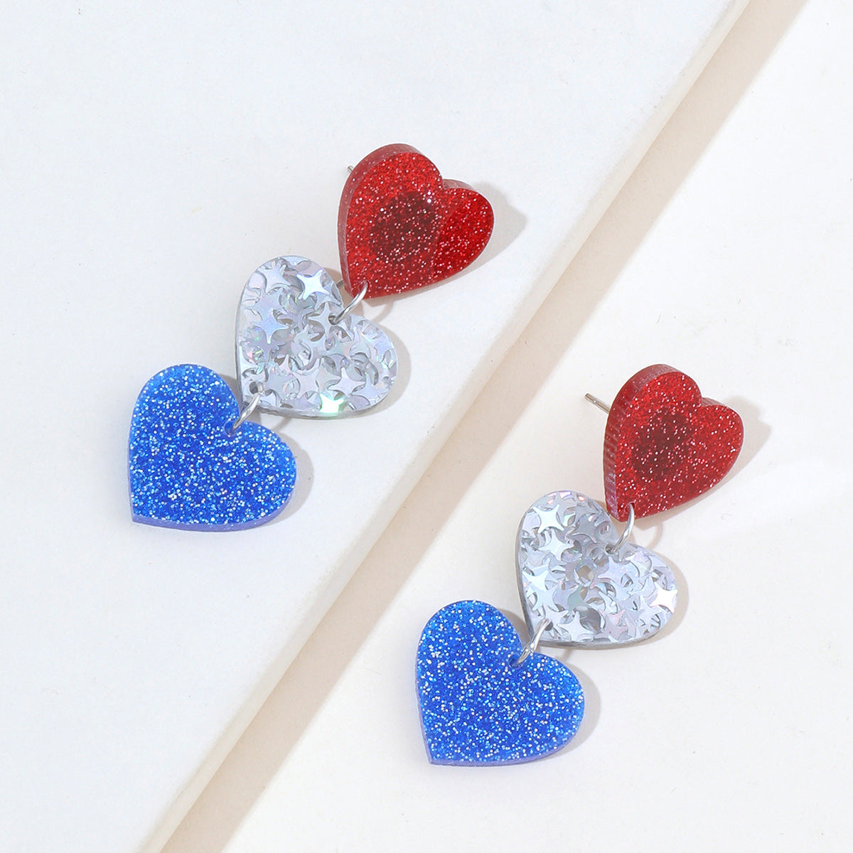 Wholesale Independence Day National Day Red, White and Blue Three-color Stars Love Glitter Acrylic  Earrings