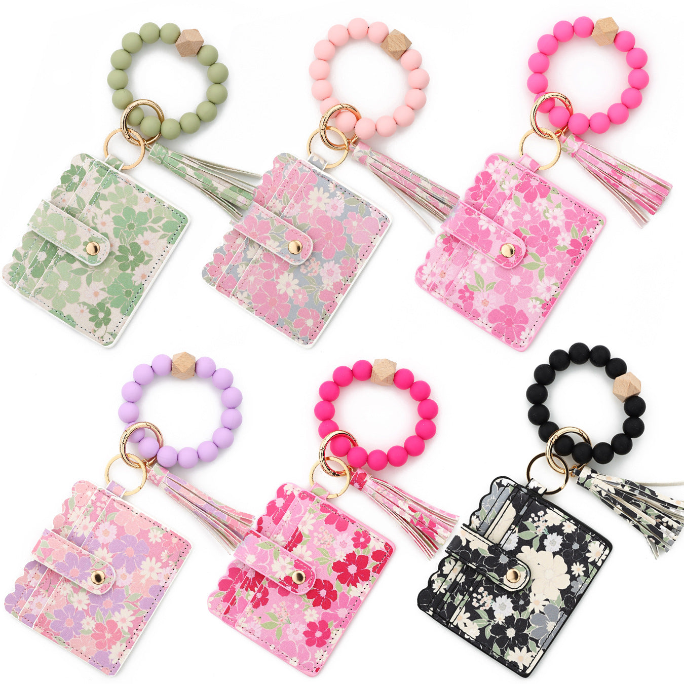 Wholesale silicone bead bracelet pink card holder Wristlet Keychain