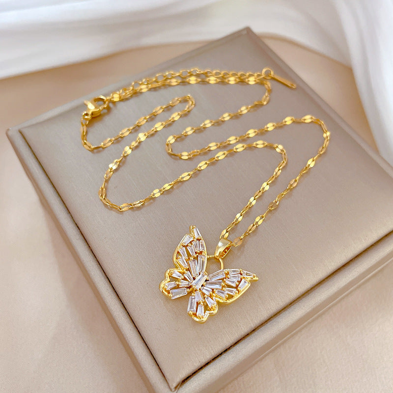 Wholesale Stainless Steel Rhinestone Butterfly Clavicle Chain Necklace for Women Trendy Layering Jewelry Gift