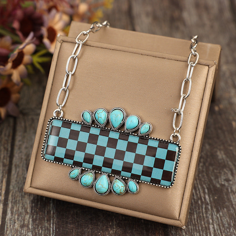Wholesale Bohemian Western Style Geometric Inlay Synthetic Turquoise Vintage Necklace