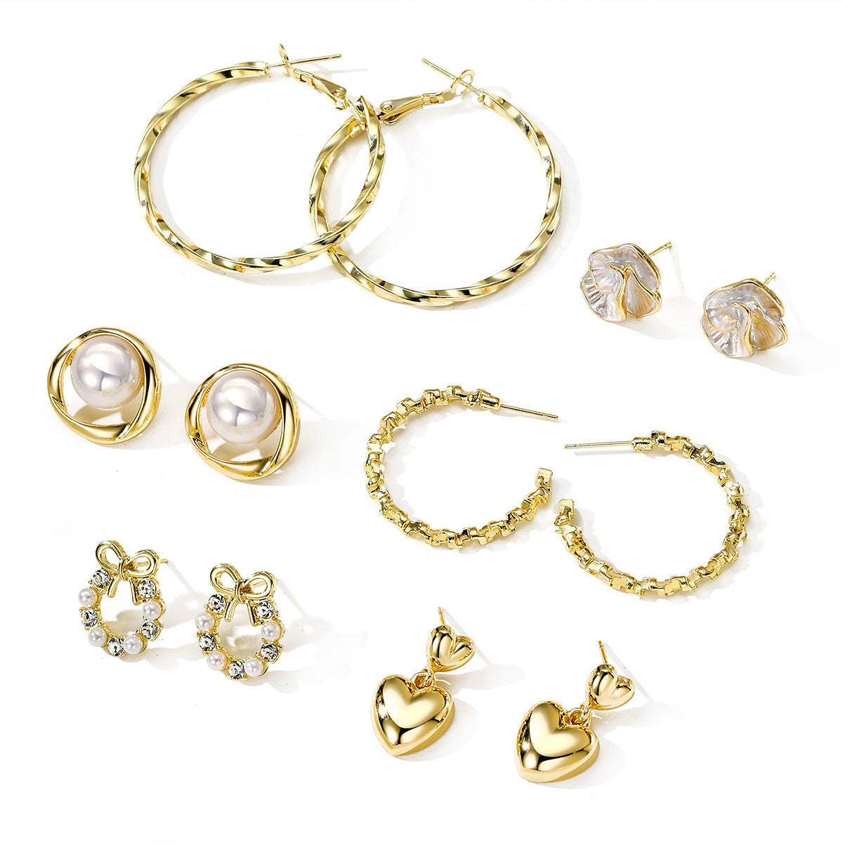 Wholesale Mixed Material Plated Hoop Earrings Geometric Oval Circle Pearl Design 6 Pair Set Women S Chic Fashion Accessory