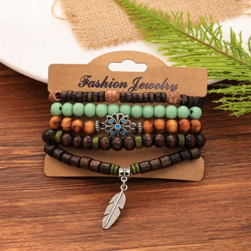 Wholesale Bohemian  Shell Wood Beads Beaded Soft y Pearl Stone Leather Bracelet