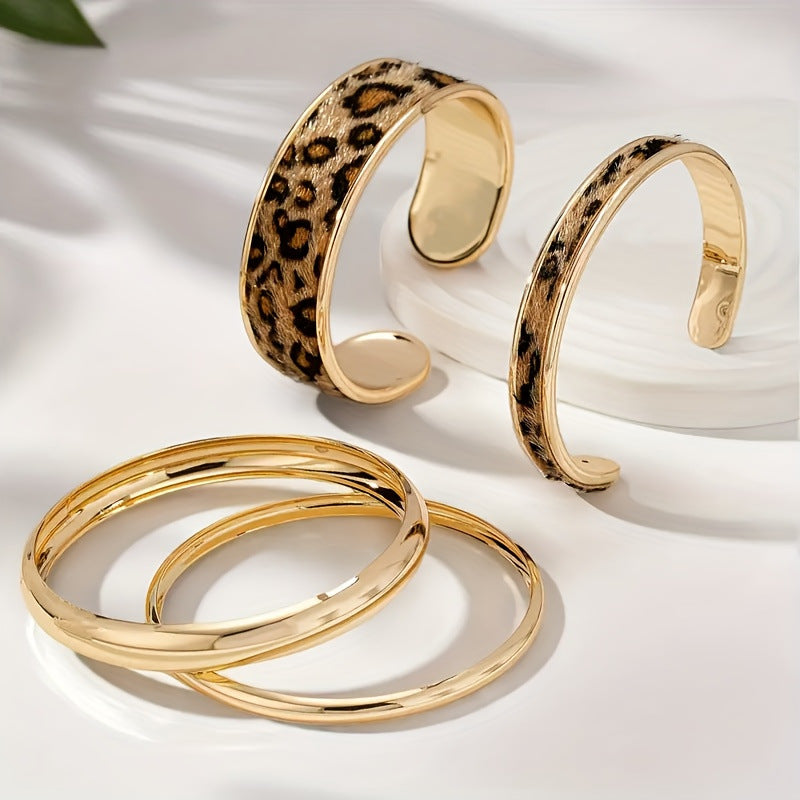 Wholesale 4 Piece Women S Leopard Print Stacking Bracelet Set Stylish Electroplated Jewelry Accessory For Everyday Wear Boutique Resale