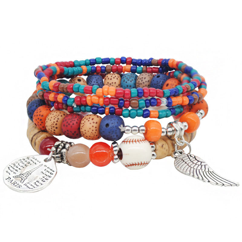 Wholesale Alloy Bohemian Multi-Layer Beaded Bracelet with Wing Design,  Fashion Accessory for Women,  Travel Gift