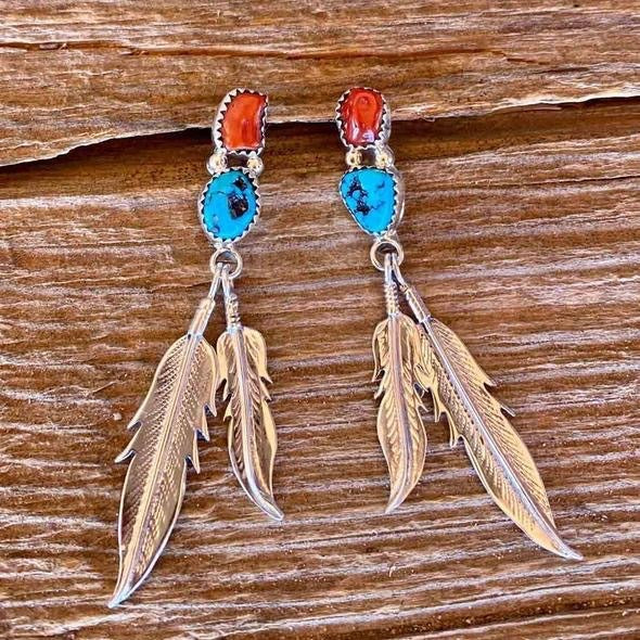 Wholesale Bohemian style turquoise earrings retro ethnic style leaf feather metal handmade earrings