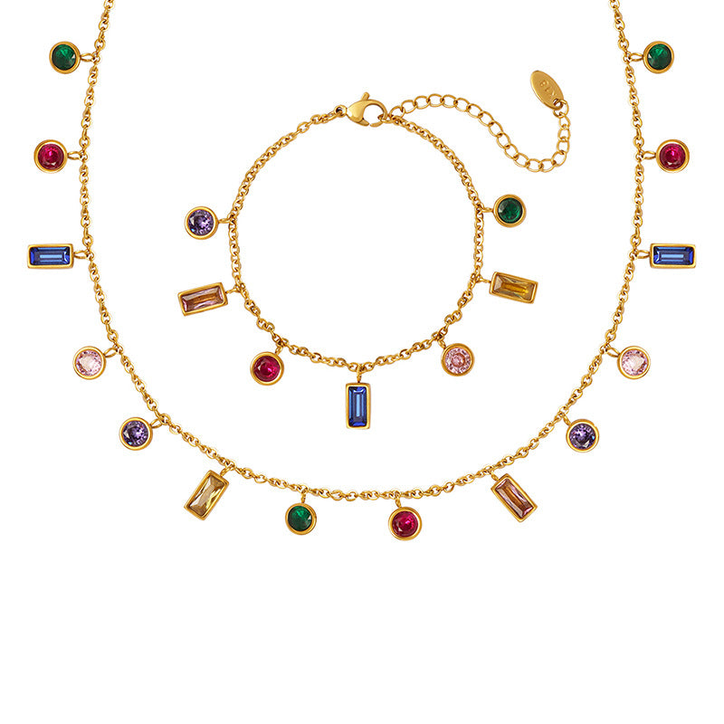 Wholesale Multi Color Zircon Tassel Necklace and Titanium Steel Bracelet Set Fashion Accessory for Party