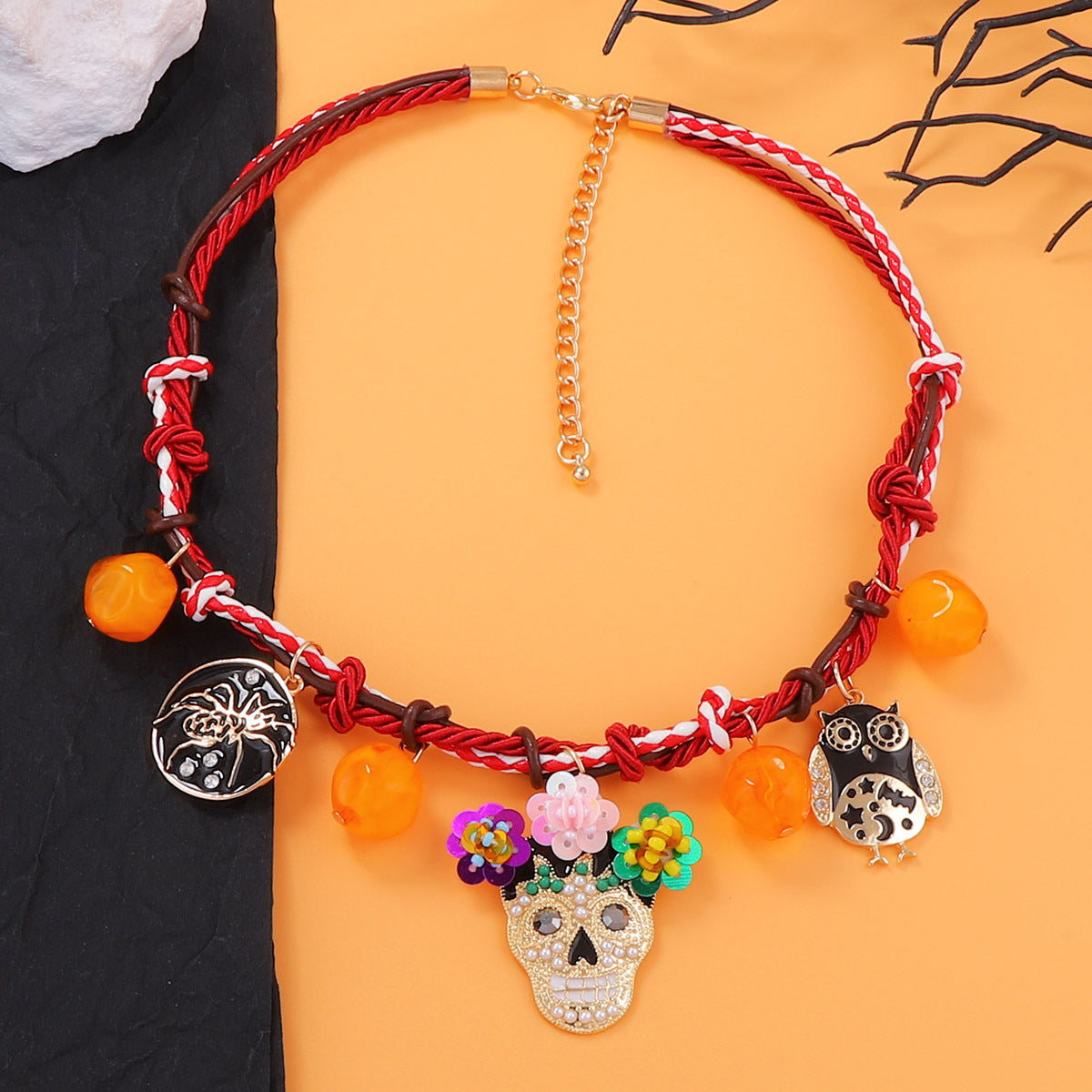 Wholesale  Braided Alloy Oil-Dripping  Owl Skull Necklace