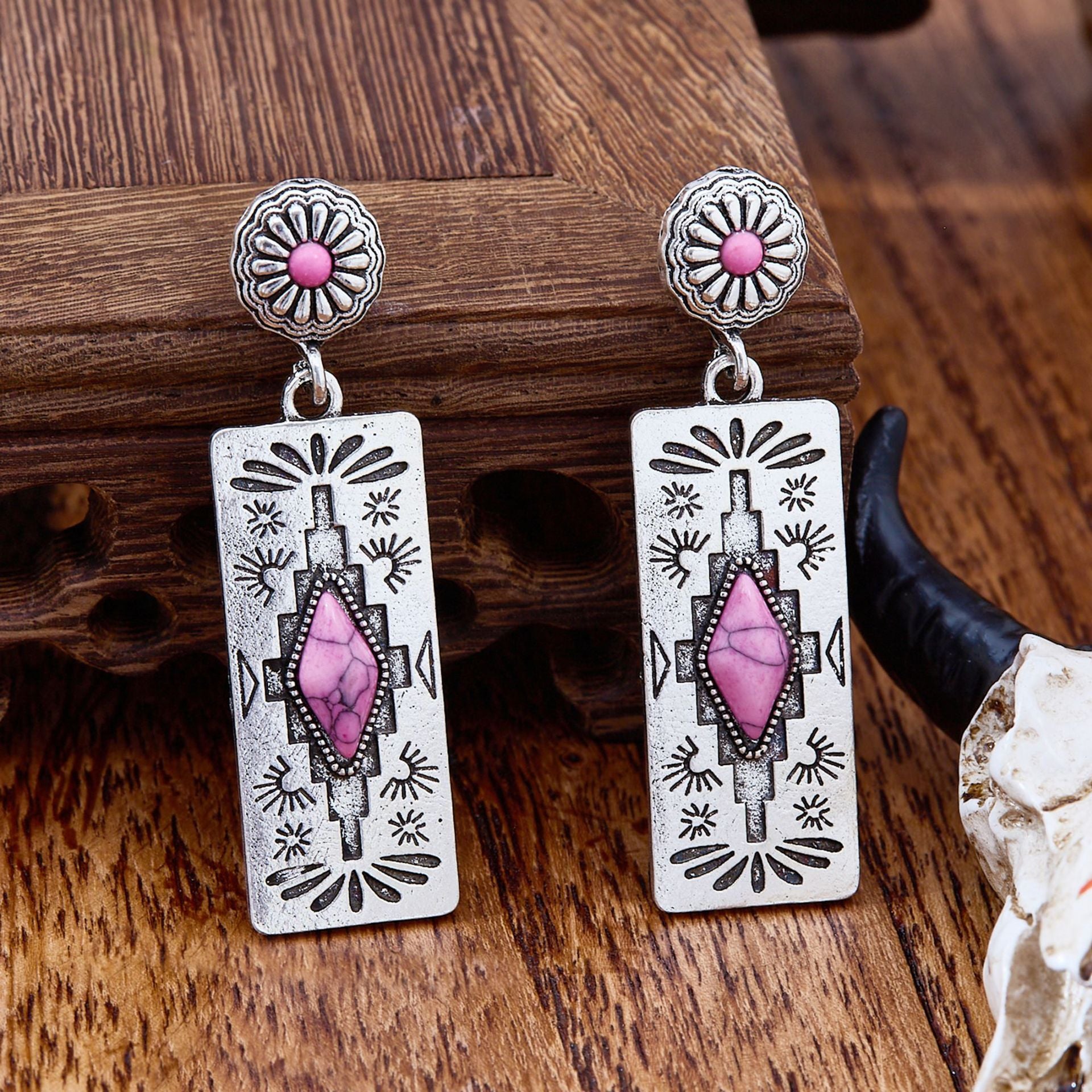 Wholesale  Western Style  Rectangular Totem Pink Stone Earrings